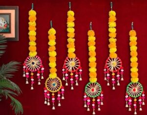Just Flowers Artificial Marigold Flowers Wall Door Hanging Latkan Toran with Pom Pom Bells for Home Wedding Stage Backdrop Decoration (Set of 6Pc, Orange & Yellow)