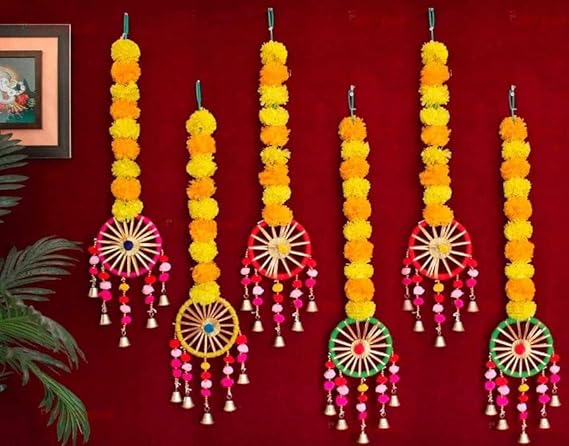 Just Flowers Artificial Marigold Flowers Wall Door Hanging Latkan Toran with Pom Pom Bells for Home Wedding Stage Backdrop Decoration (Set of 6Pc, Orange & Yellow)