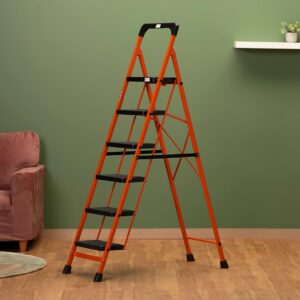 BonKaso Premium Steel Multipurpose Climb Easy Anti-Slip 6-Step Foldable Ladder with Safety Clutch Lock, Support Handle and Tool Tray for Home - (Orange & Black)